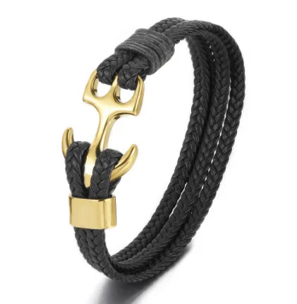 Vintage Stainless Steel Men’s Anchor Bracelet with Leather & Magnetic Closure