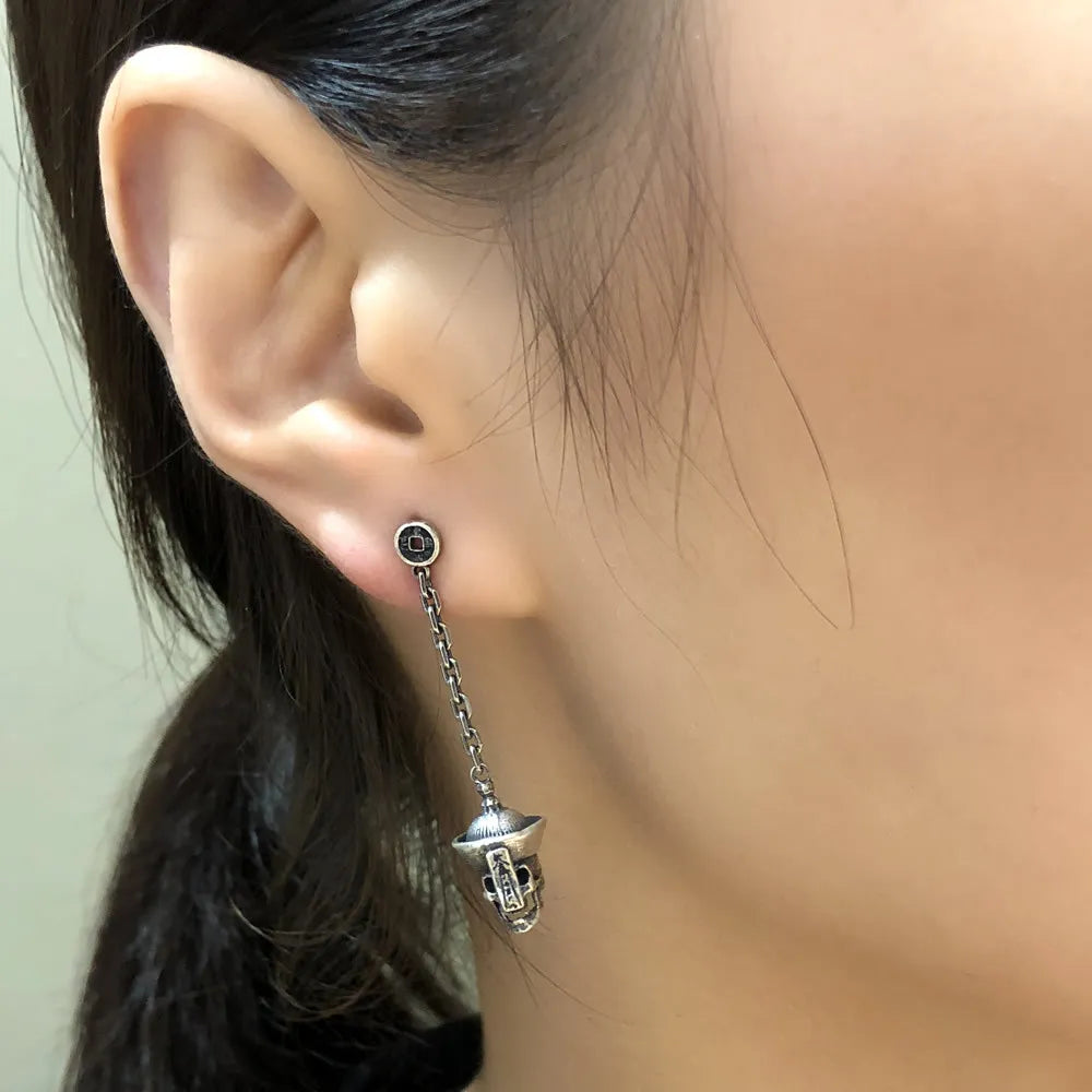 YIZIZAI Punk Gothic Style 925 Sterling Silver Skull With Chain Stud Earring Chinese Corpse Style Ear Studs For Unisex