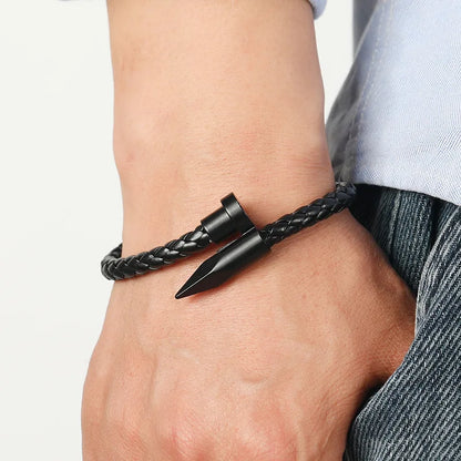 Nail Bullet Bracelet Alloy Magnet Buckle Men's Leather Rope Braided Bangle Handmade Bracelet