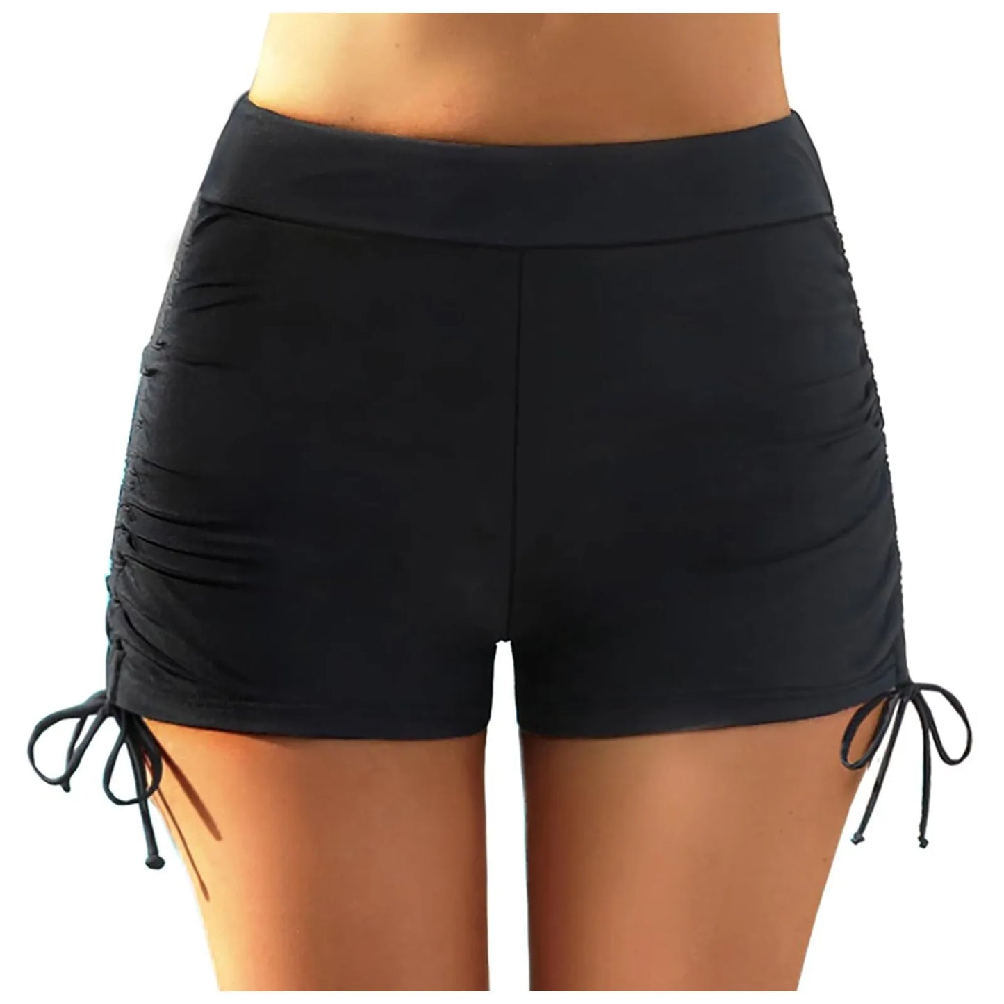 Women's High Waisted Swim Shorts with Drawstring & Ruched Bottom