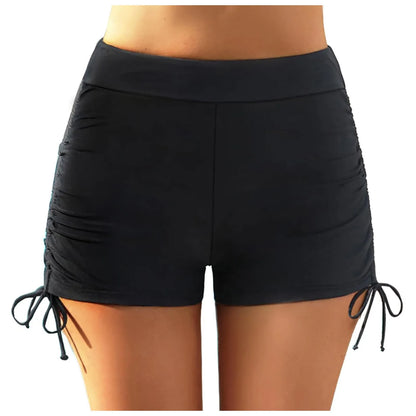 Women's High Waisted Swim Shorts with Drawstring & Ruched Bottom