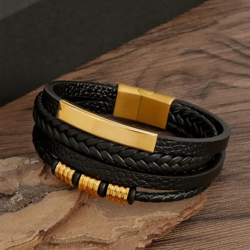 21cm Classic Men's Leather Bracelet - Hand-Woven Multi-Layer Charm