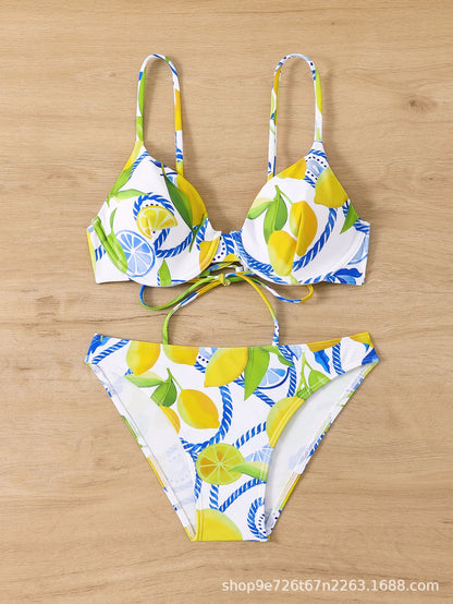 Lemon Print Triangle Bikini Set
