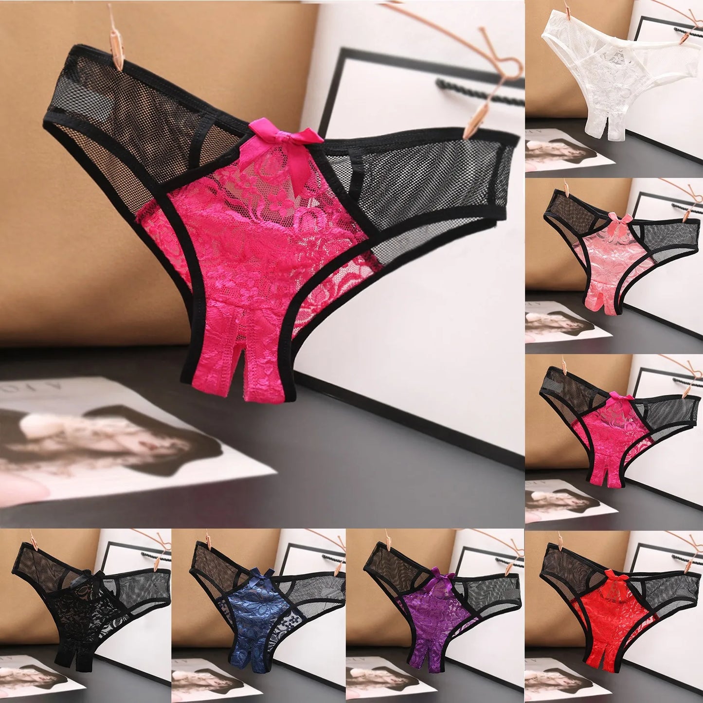 Women's Sexy Open Crotch Panties Low Waist Lace Briefs Patchwork Color Hot Sexy Lingerie For Ladies Temptation Female Underwear