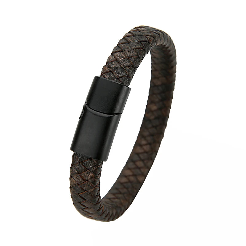 Mibrow Braided Black Leather Men’s Bracelet with Magnetic Clasp – Fashionable Charm