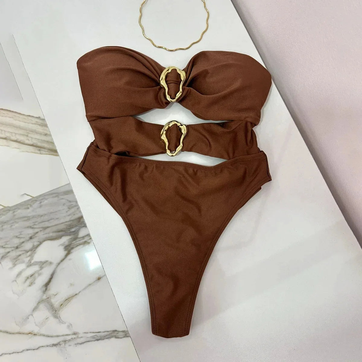 Bandeau One-Piece Swimsuit with Metal Ring Cut-Out – High Leg Design