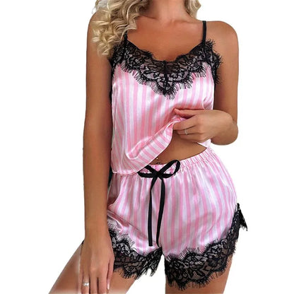 Two Piece Women's V-Neck Sexy Lace Suspender Pajama Shorts Set