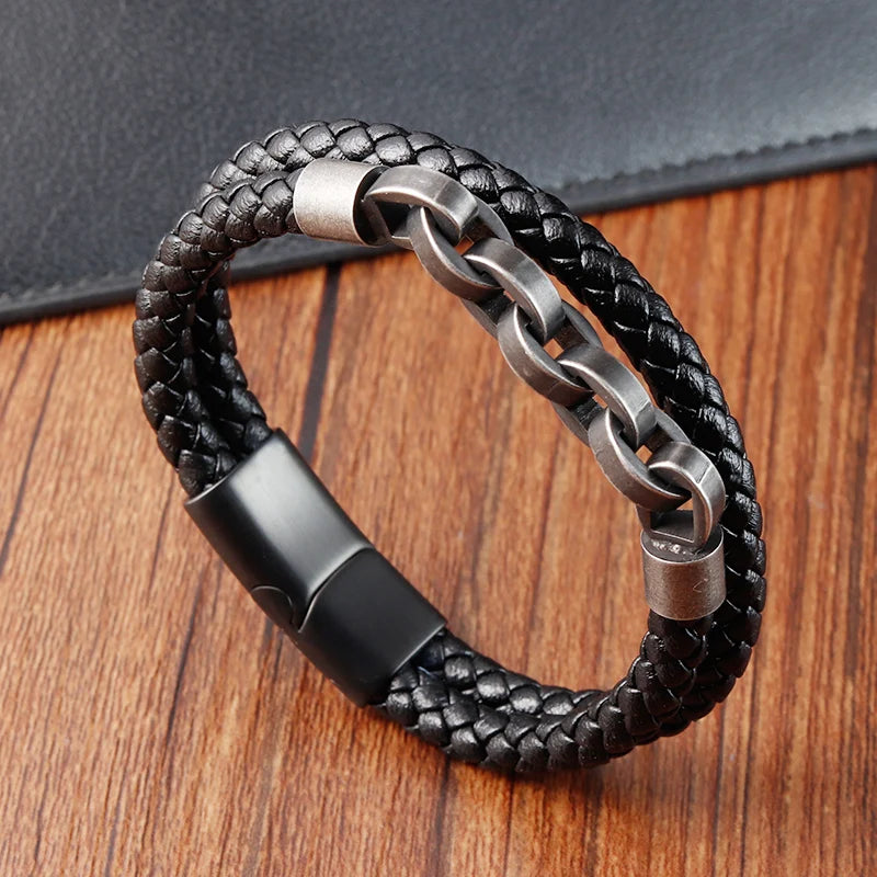 Leather Bracelet with Infinity Shape for Men - Stainless Steel Charm Accessory