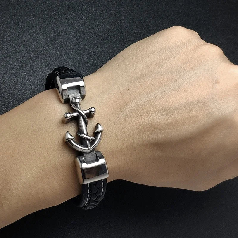 Men's Leather Anchor Bracelet with Stainless Steel, Trendy and Stylish Cuff Bracelet