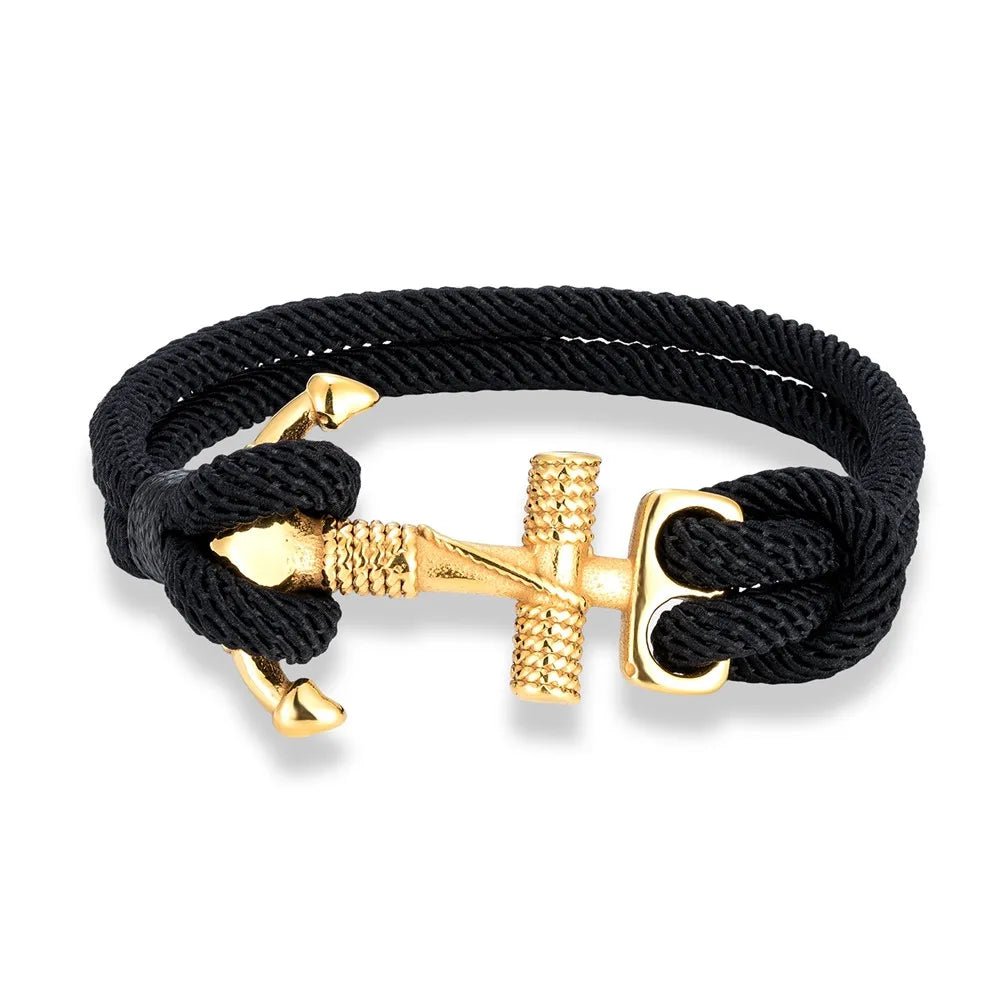 Navy Style Anchor Bracelets for Men Women Double Strand Nautical Surfer Rope Bracelet Gold Plated Stainless Steel Jewelry Gift