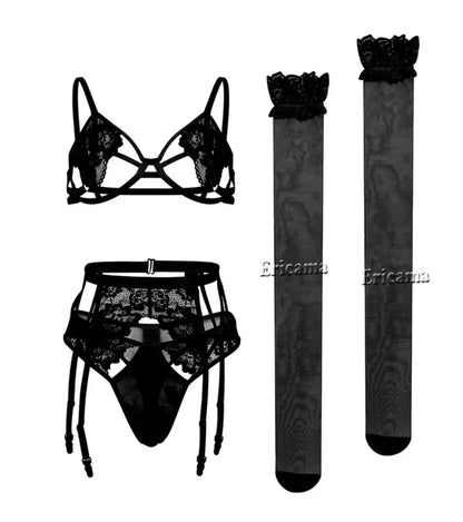 Women's Lace Garter Lingerie Set with Choker - Sexy Underwire Bra & Thong