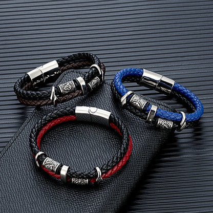 MKENDN Punk Viking Style Stainless Steel Compass Norse Runes Amulet Beads Braided Leather Bracelet for Men