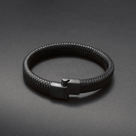 Black Braided Leather Wrap Bracelet for Men - Infinity Magnetic Clasp Cuff