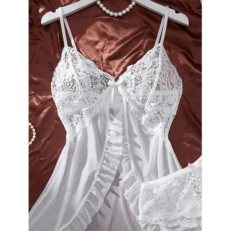 Ultra Sexy Tulle Nightgown Set – V-Neck Sheer Lingerie with Bra & Skirt