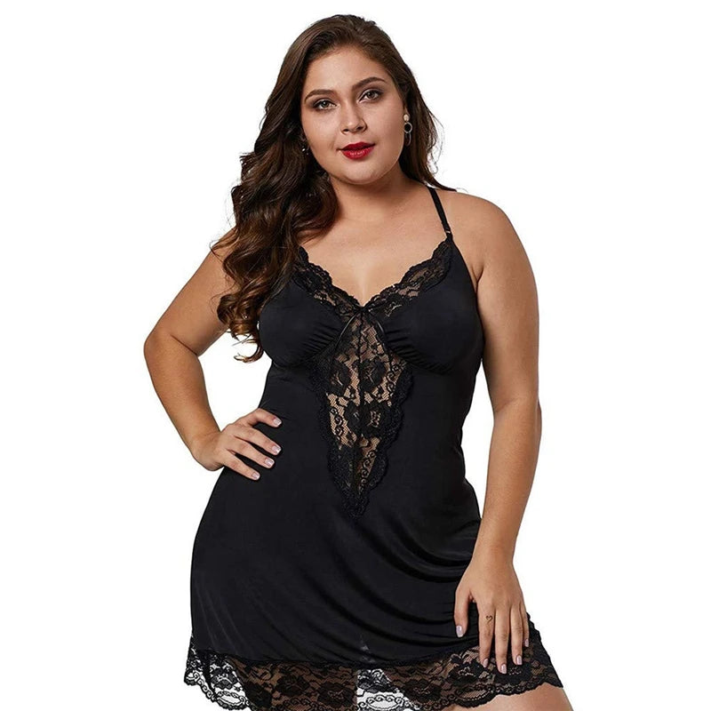 Plus Size Satin & Lace Nightgown Set - Sexy Spaghetti Strap Lingerie