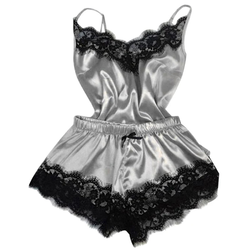 Fashion Nightwear Lace Trim Satin Cami Top Pajama Set