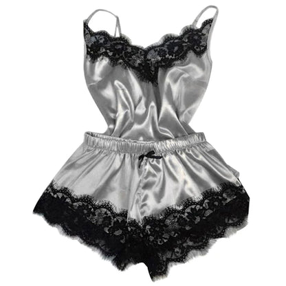 Fashion Nightwear Lace Trim Satin Cami Top Pajama Set