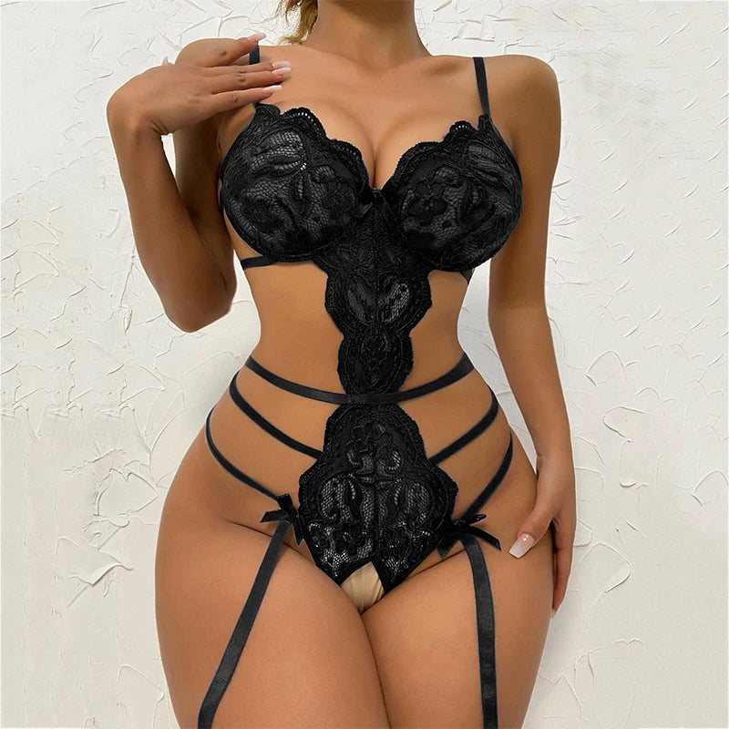 Crotchless Lace Bodysuit - Alluring See-Through Garter Set