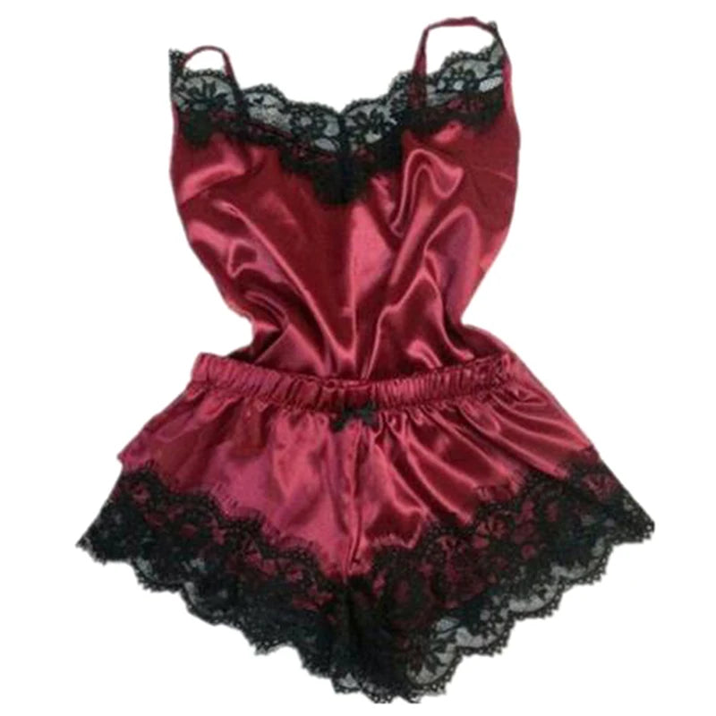 Fashion Nightwear Lace Trim Satin Cami Top Pajama Set