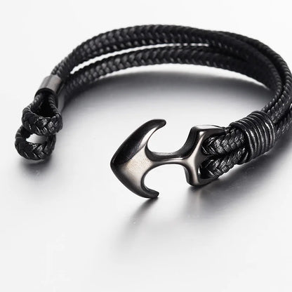 Vintage Stainless Steel Men’s Anchor Bracelet with Leather & Magnetic Closure