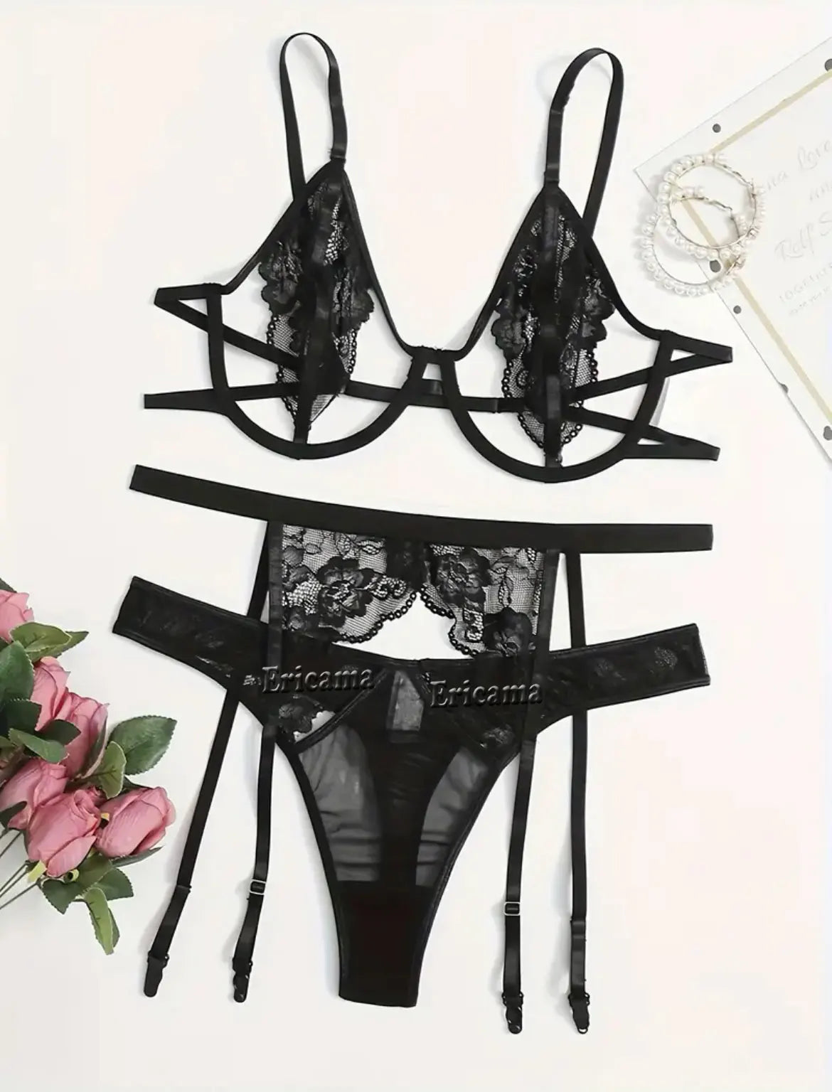 Women's Lace Garter Lingerie Set with Choker - Sexy Underwire Bra & Thong
