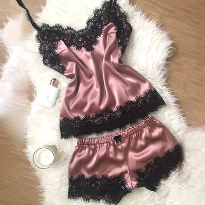 Fashion Nightwear Lace Trim Satin Cami Top Pajama Set