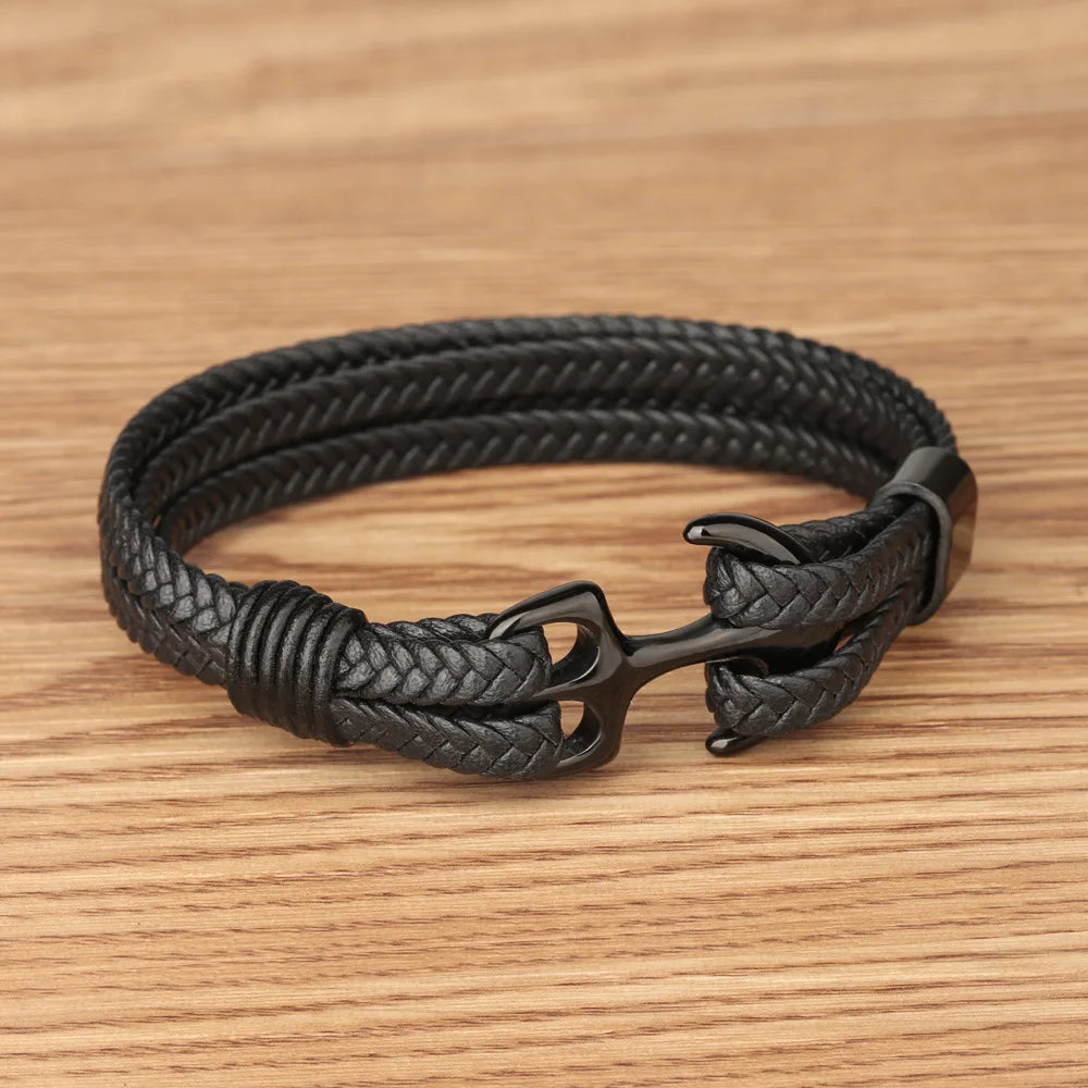 Vintage Stainless Steel Men’s Anchor Bracelet with Leather & Magnetic Closure