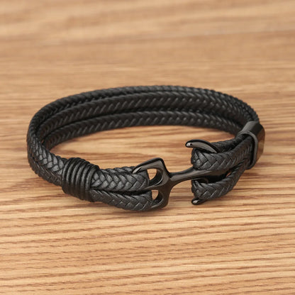 Vintage Stainless Steel Men’s Anchor Bracelet with Leather & Magnetic Closure