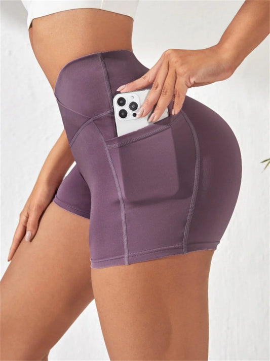 Women’s High Cross Waist Biker Shorts with Side Pockets – Soft & Comfy