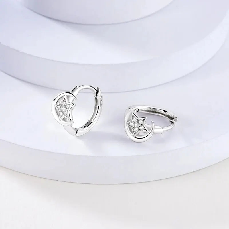 2024 NEW 925 Sterling Silver Hoop Earrings Moon Star Earrings For Women Engagement Wedding Party Birthday Gift Silver Jewelry