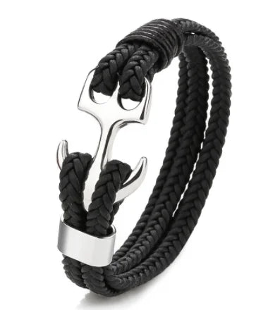 Vintage Stainless Steel Men’s Anchor Bracelet with Leather & Magnetic Closure