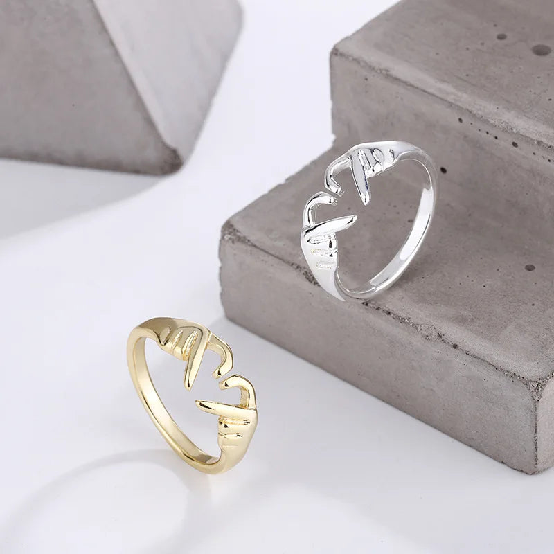 Romantic Love Hand with Heart Shaped Ring For Women and Men - Couple Adjustable Finger Rings Wedding Party Jewelry Gifts