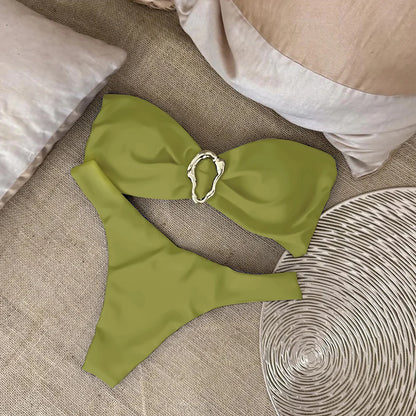 Push-Up Bandeau Bikini Set – Solid Brazilian Thong Swimwear