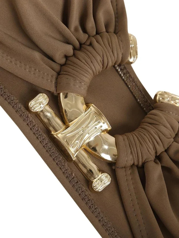 Solid O Ring Swimsuit for Women – Tie Side Shiny Ring Bandeau Bikini with Padded Bra Top