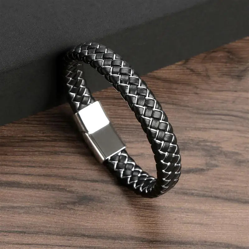 Jiayiqi Punk Men Jewelry Black/Brown Braided Leather Bracelet Stainless Steel Magnetic Clasp Fashion Bangles Gift 18.5/22/20.5cm