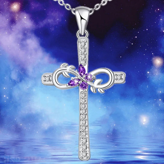 Bohemian Women Amethyst Zircon Butterfly Cross Pendant Necklace Engagement Necklaces for Women Stainless Steel Jewelry Gift