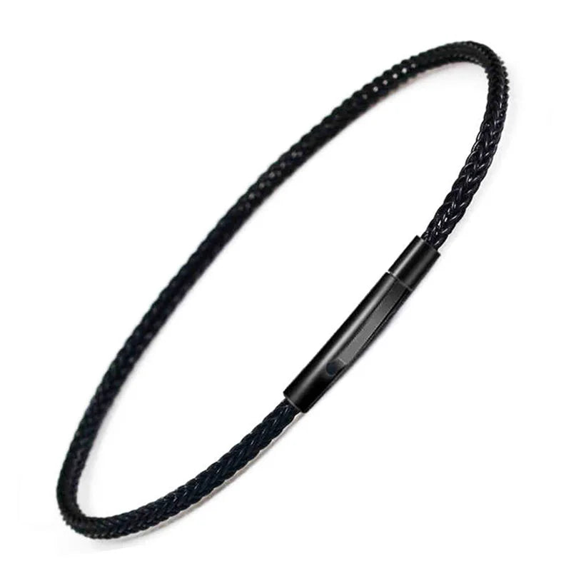 2mm 3mm Black Wrap Leather Braided Bracelet for Men, Steel Wire & Chain Link Bangles