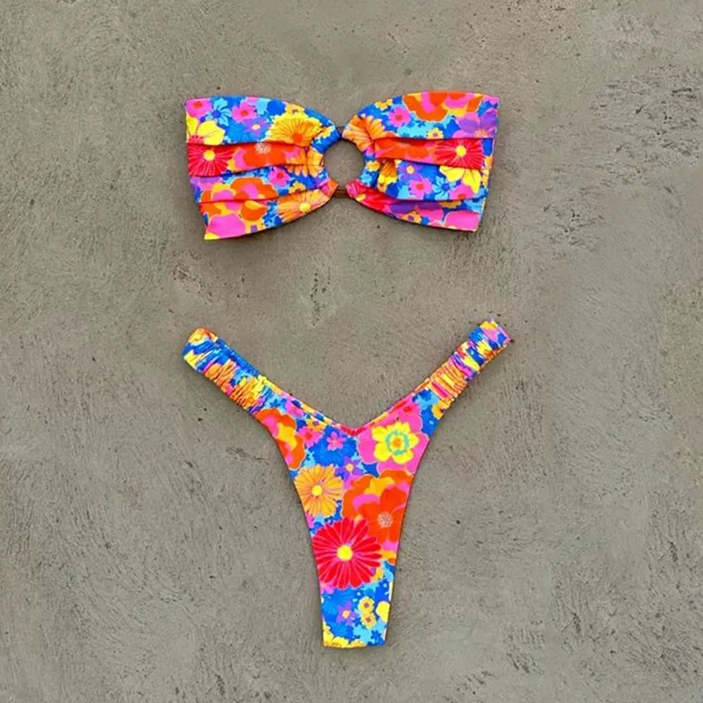 Printed Push-Up Bandeau Bikini Set – Brazilian Thong Swimwear