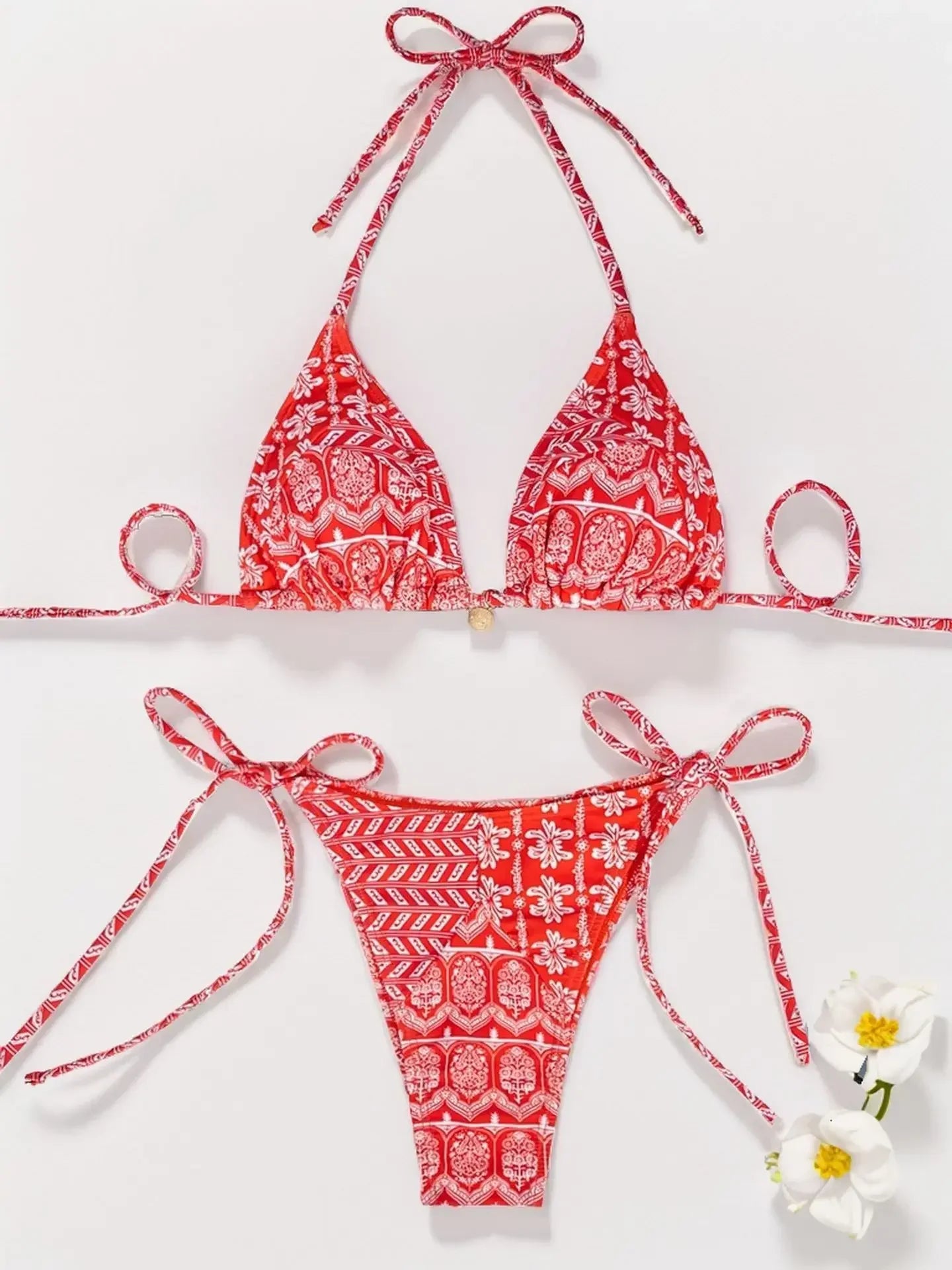 Red and white patterned bikini set