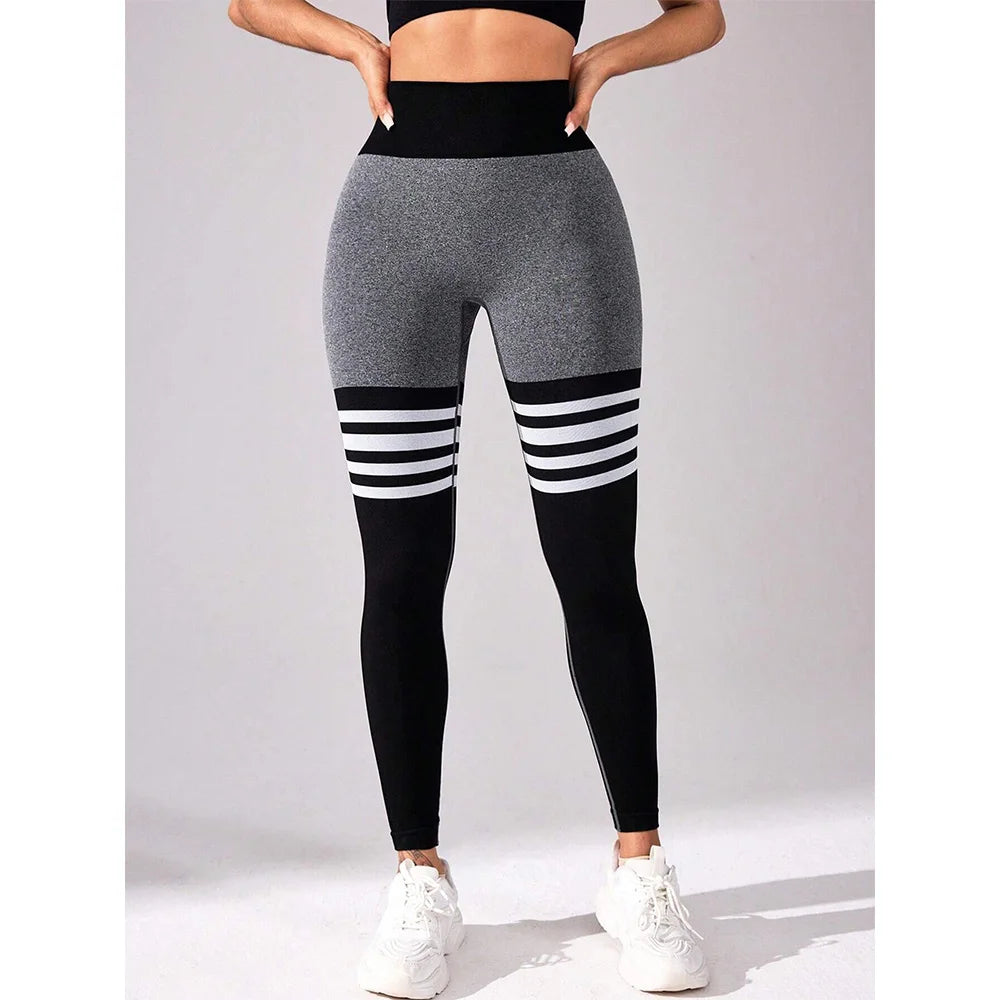 High Waist and Tummy Control Women Seamless Stripe Yoga Leggings