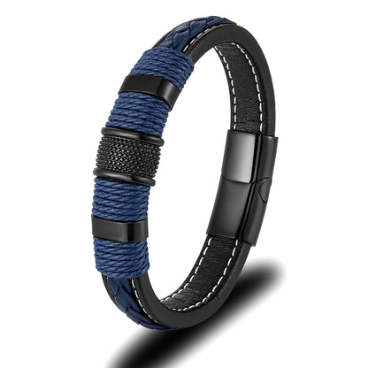 MKENDN Punk Men Braided Genuine Blue Leather Bracelet Black Stainless Steel Magnetic Buckle Bracelet Gifts Homme Pulseras