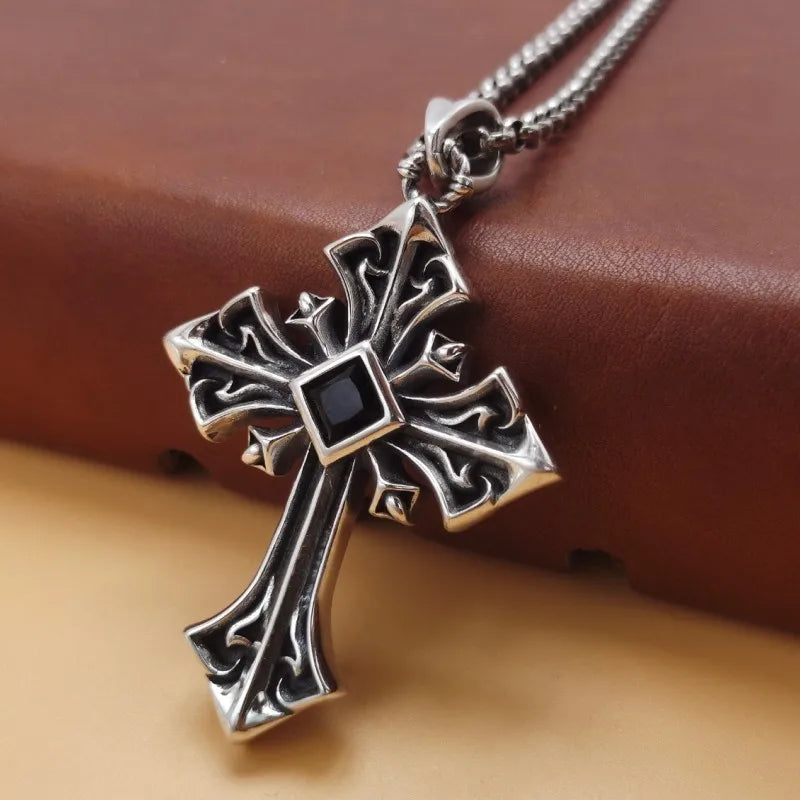 BOCAI S925 Sterling Silver Pendants for Men Women New Men's Fashion Simple Black Zircon Cross Argentum Amulet Punk Jewelry