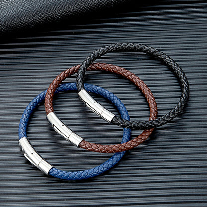 MKENDN Classic Blue Braided Leather Bracelet with Stainless Steel Magnetic Buckle