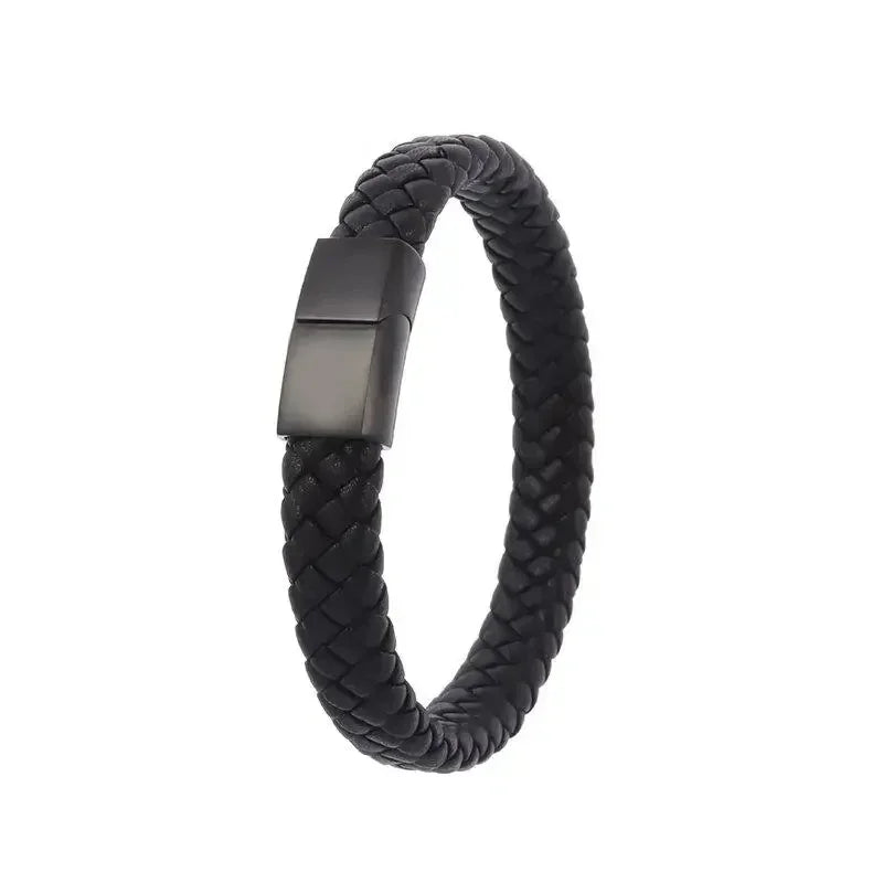 Classic Single-Layer Black Leather Bracelet with Magnetic Clasp