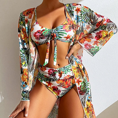 High Waisted Bikini 3 Pieces Floral Printed Swimsuit for Women