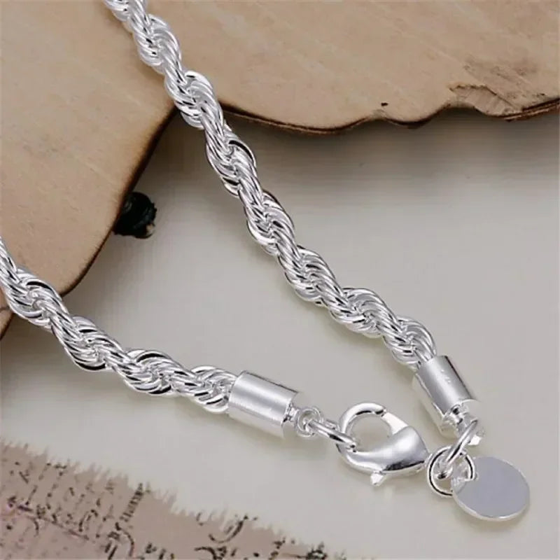 Fashion Silver Jewelry Gift High Quality 925 Silver Color 4MM Women Men Chain Male Twisted Rope Necklace Bracelets