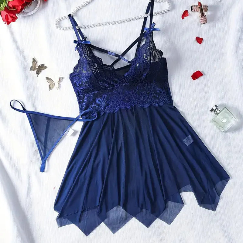 2-Piece Lace Nightgown Set – Green Transparent Nightdress with Bra & Panty