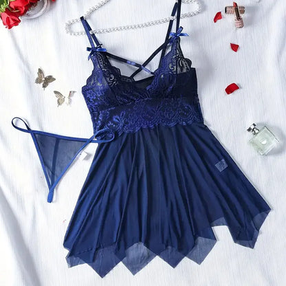 2-Piece Lace Nightgown Set – Green Transparent Nightdress with Bra & Panty