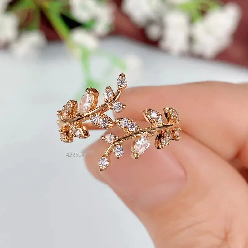 Tree Branch Design Adjustable Opening Rings for Women Sparkling Cubic Zirconia Olive Ring Party Daily Wear Fashion Jewelry