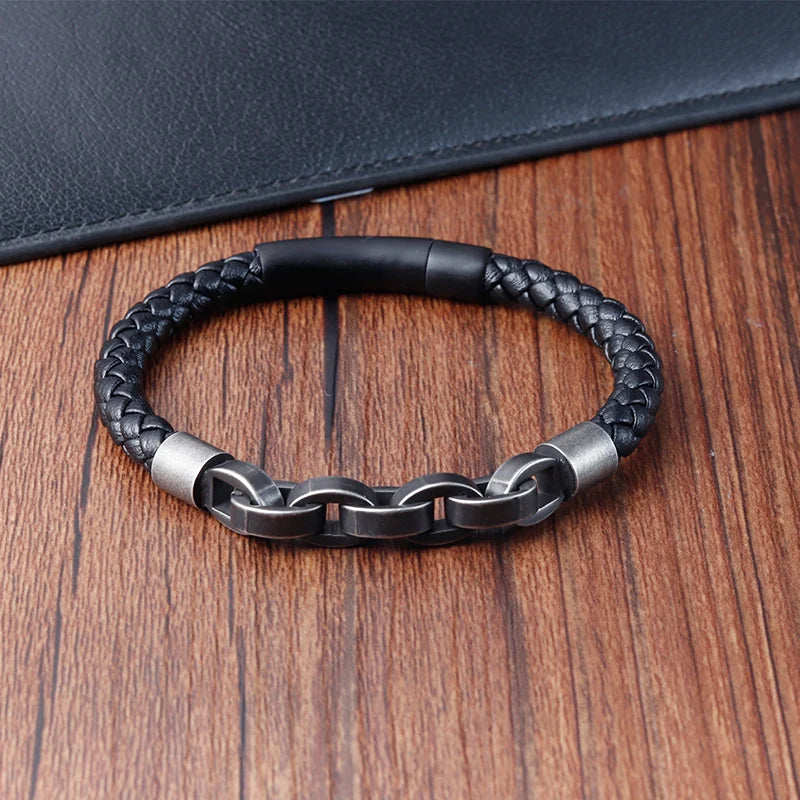 Leather Bracelet with Infinity Shape for Men - Stainless Steel Charm Accessory